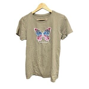 Life Is Good Tshirt Green Short Sleeved Butterfly Embroidered Size Medium